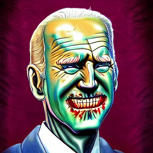 Prompt: digital art close-up macro portrait of the face of a Joe Biden lich king zombification lovecraftian D&D