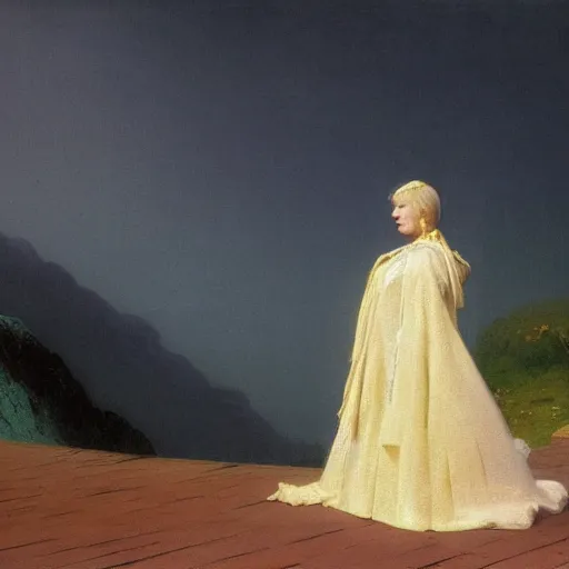 Image similar to a young woman's face, her hair is white and she wears an indigo blue satin cloak, by ivan aivazovsky and syd mead and moebius and gaston bussiere and roger dean and pieter claesz and paul delaroche and alma tadema and aelbert cuyp and willem kalf, hyperrealistic, volumetric light, octane render