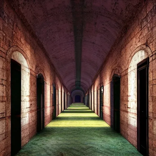 Prompt: a long colorful asylum hallway at night, arched ceiling, one point perspective, vanishing point, symmetrical composition, rich colors, dramatic lighting, by lee madgwick, photorealistic, v - ray render 8 k uhd