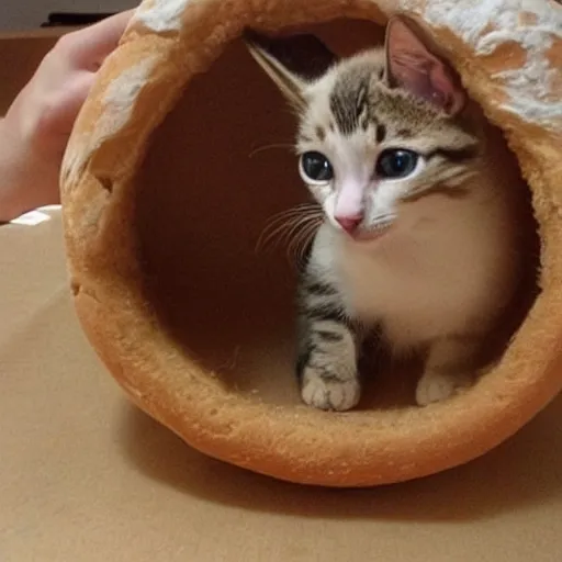 Image similar to kitten living inside a bread, hyper detailed