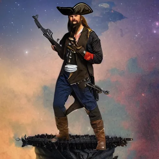 Image similar to a pirate holding a machine gun standing on top of a space ship