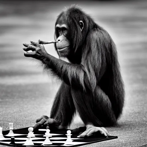 Image similar to black and white portrait photo of an orangutang eating a chess piece,