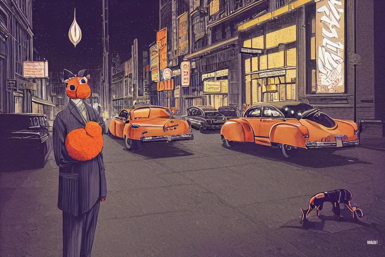 Prompt: an orange llama wearing a 1 9 4 0's noire detective outfit, standing in the streets of chicago at night looking at a crime scene, crime scene photography by moebius, junji ito, tristan eaton, victo ngai, artgerm, rhads, ross draws, hyperrealism, intricate detailed, risograph, optical illusion