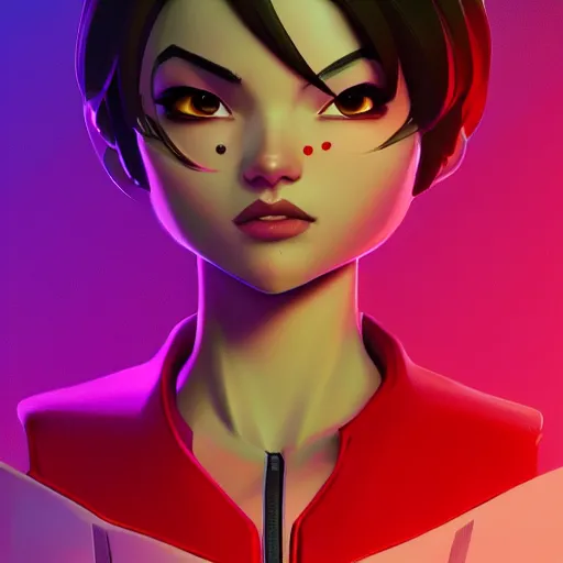 Image similar to head of overwatch main character Blizzard pixar 3d maya engine on stylized background splash comics global illumination lighting, lois van baarle, ilya kuvshinov, rossdraws, artstation