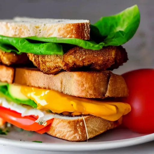 Prompt: sandwich with fried tofu, also one tomato slice, two onion rings, avocado and cheddar, over a dish, with a sunset background and saturn and stars in the sky, amazing light