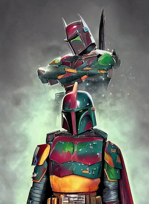 Image similar to batman x boba fett, digital art, character mashup, epic lighting, combination art