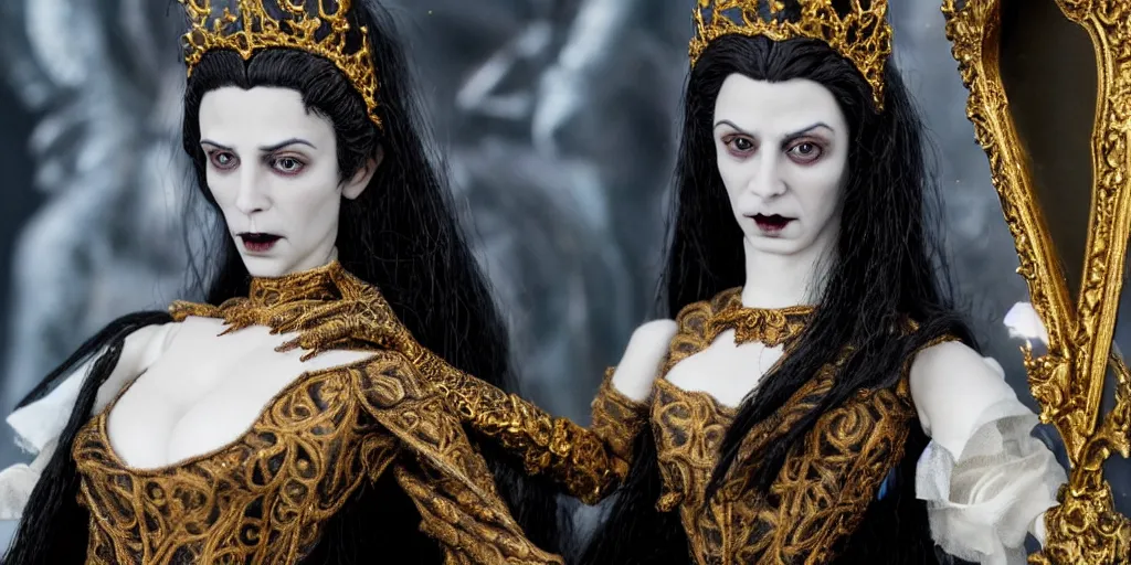 Image similar to photo taken of an epic intricate, ultra detailed, super realistic stop motion puppet of a majestic gracious regal aristocratic brunette female vampire and gothic filmset created by weta workshop, menacing, wide angle, full body shots, photorealistic, sharp focus, white wall, extremely cold blueish colour temperature, 3 5 mm, f 1. 4, golden ratio