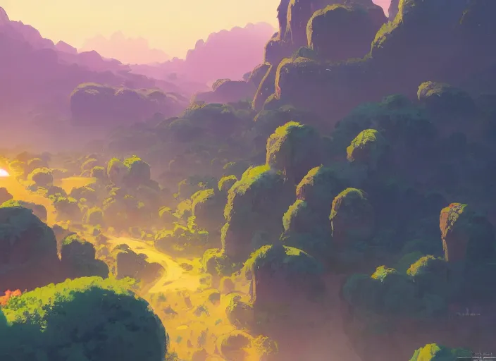 Prompt: concept art painting of a distant village in a valley seen from above, early morning, cel shaded, by makoto shinkai and moebius and anton fadeev and james gurney