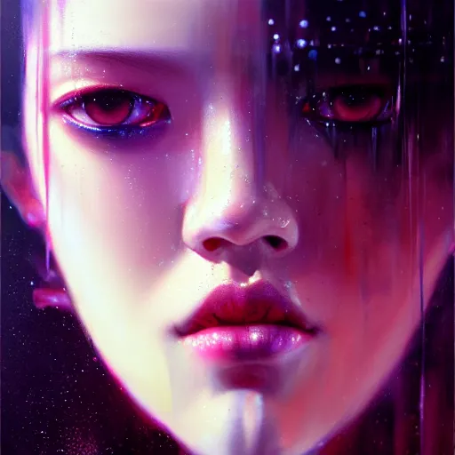 Image similar to blackpink, hyperrealistic portrait, bladerunner street, by karol bak and agnes cecile, fantasy art, photo realistic, dynamic lighting, artstation, poster, volumetric lighting, very detailed face, intricate complexity, rule of thirds, 8 k, award winning