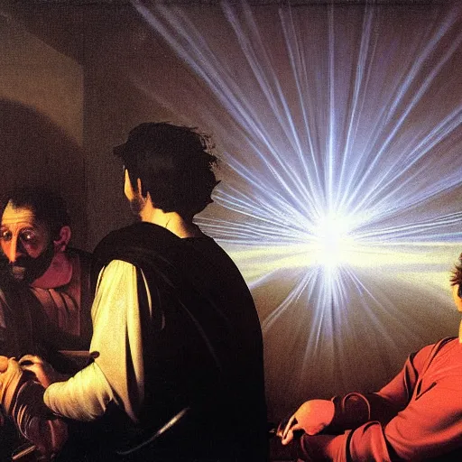 Image similar to painting portrait of bright light beams emanating from the eyes of a person, matte painting, masterpiece, by Caravaggio