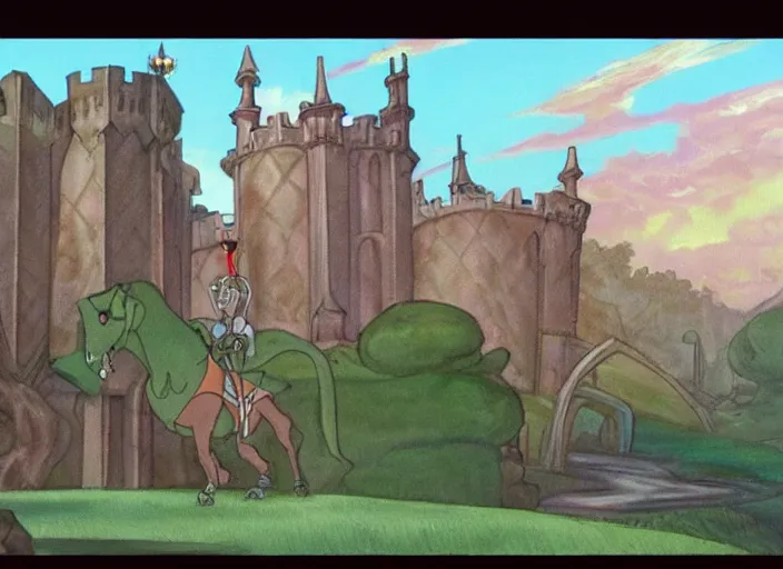 Image similar to animation key shot of a knight, gothic castle in the background, by don bluth