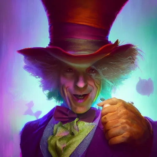 Image similar to The Mad Hatter, huggy wuggy from poppy playtime video game, fullbody, ultra high detailed, glowing lights, oil painting, Greg Rutkowski, Charlie Bowater, Beeple, unreal 5, DAZ, hyperrealistic, octane render, RPG portrait, dynamic lighting, fantasy art, beautiful face