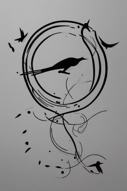 Image similar to a simple tattoo design of minimalist birds flying into in semi circle lines and simple basic shapes, black ink, abstract logo, line art