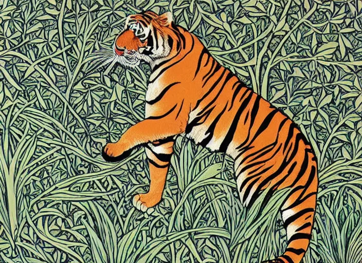 Image similar to a tiger in the centella asiatica in android jones and william morris style