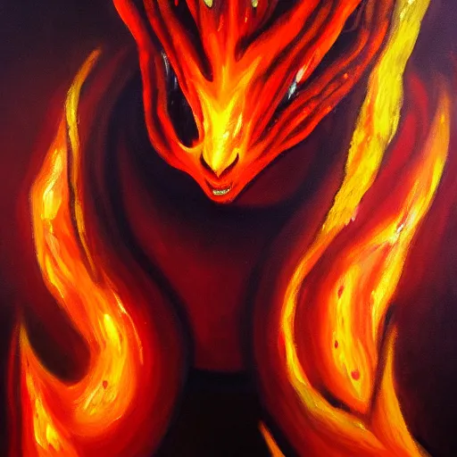 Prompt: fire demon eat human, oil painting