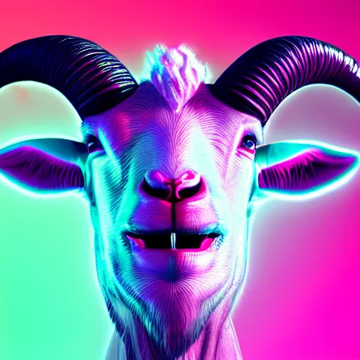 Image similar to synthwave demonic goat face with neon horns, detailed face, sharp focus, synthwave art, aesthetic, octane render, raw, cinematic