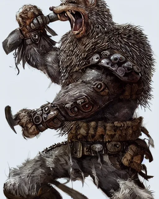 Image similar to anthropomorphic rugged hedgehog!!! with furry!! oversized barbarian muscular armored upper body, action battle pose,long hair, 👅 👅 , D&D, fantasy, intricate, elegant, highly detailed, digital painting, artstation, concept art, smooth, sharp focus, illustration, art by artgerm and beeple and greg rutkowski and alphonse mucha