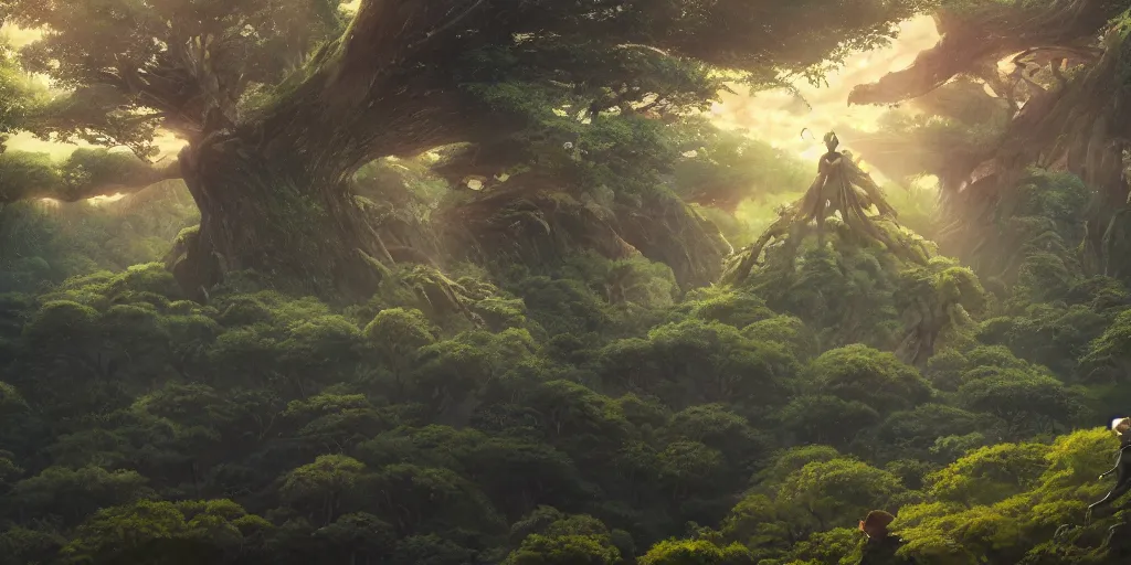 Prompt: giant monster in the distance, forest, standing on a tree top, 4 k, artgerm, high detail, dramatic lighting, sunset, hayao miyazaki, masashi ando, nizou yamamoto, kazuo oga, joe hisaishi, yoji takeshige, naoya tanaka