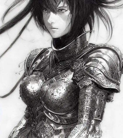 Image similar to portrait of anime woman in armor, pen and ink, intricate line drawings, by craig mullins, ruan jia, kentaro miura, greg rutkowski, loundraw