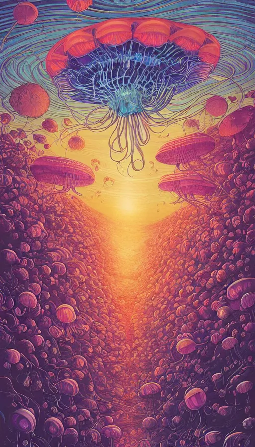 Image similar to The flowery land of the jellyfish, italian futurism, Dan Mumford, da vinci, Josan Gonzalez