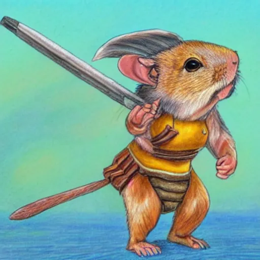 Image similar to gerbil warrior, fantasy, island setting, bounty - island, color pencil drawing