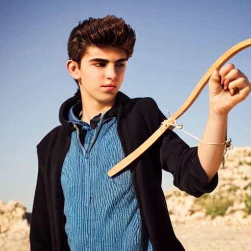 Prompt: a handsome Mediterranean 17 year old man in Biblical clothes holding a slingshot, DSLR photography