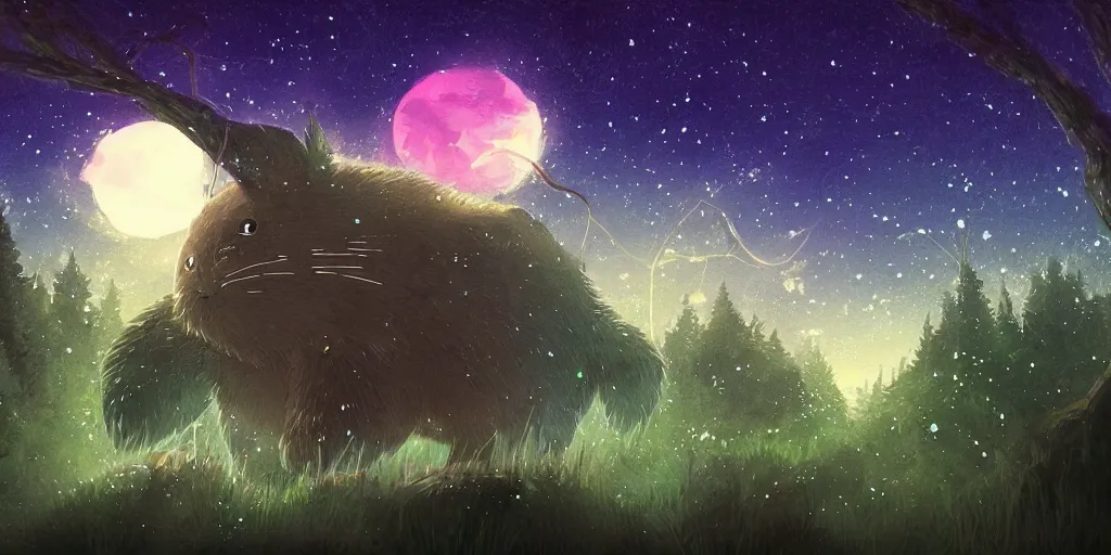 Image similar to glowing wireframe totoro, forest god of princess mononoke, mountain landscape, night sky, digital art, digital painting, celestial, majestic, colorful