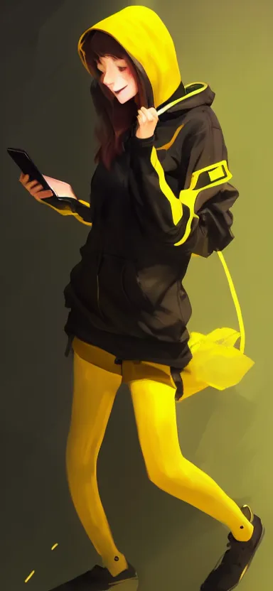 Image similar to a vtuber model concept art of a beautiful girl in a black and yellow hoodie typing in an iphone, full body art, artstation, digital art, smiling face, commission art, style by jordan grimmer and greg rutkowski, 4 k resolution