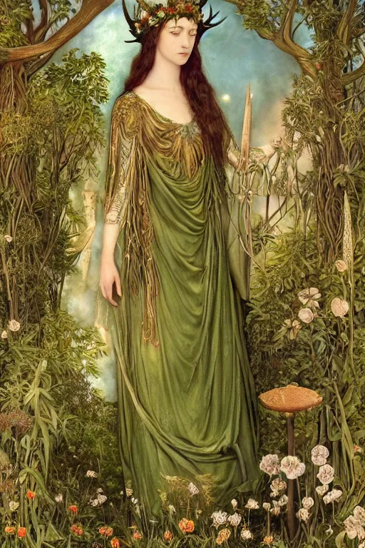 Prompt: beautiful antlered priestess of the forest in a garden | pre-Raphaelites | green and gold silk brocade| floral embroidery |dramatic lighting | Evelyn De Morgan and John Waterhouse |unreal engine