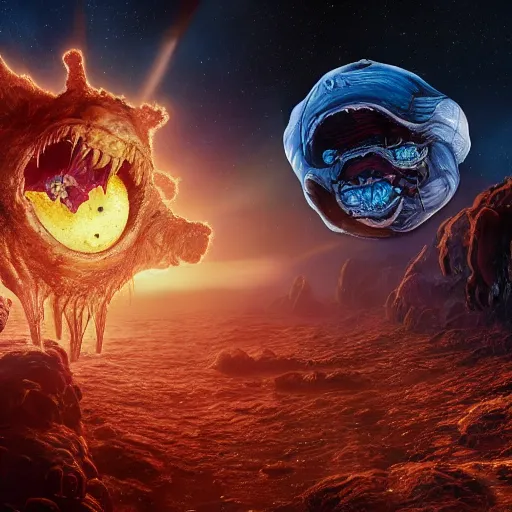 Image similar to eldritch horror bloody garfield in space, hd, 8 k, giant, epic, realistic photo, unreal engine, stars, prophecy, powerful, cinematic lighting, destroyed planet, debris, violent, sinister, ray tracing, dynamic, epic composition, dark, horrific, teeth, grotesque, monochrome drawing, hellscape