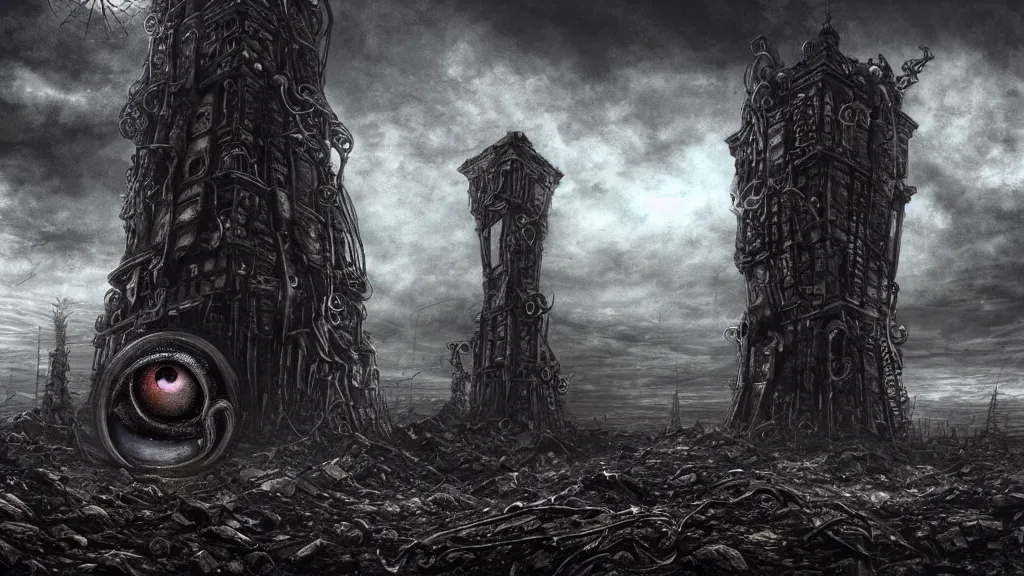 Image similar to A tower with an Eyeball at the top, BioMechanical like Giger, with tentacles coming out, looking over a stormy post-apocalyptic wasteland, dystopian art, wide lens