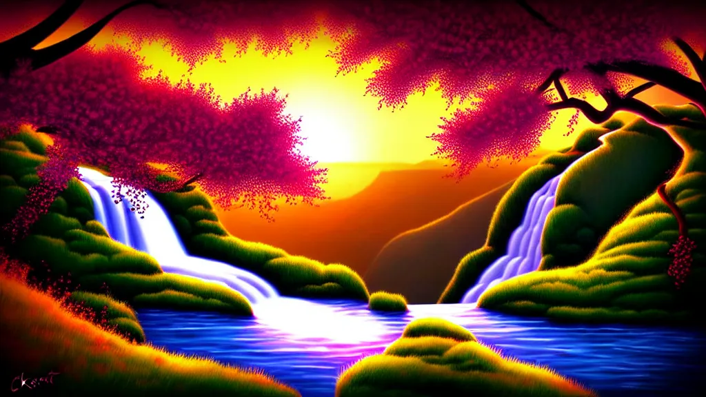 Image similar to featured on artstation cherry tree overlooking valley waterfall sunset beautiful image stylized digital art