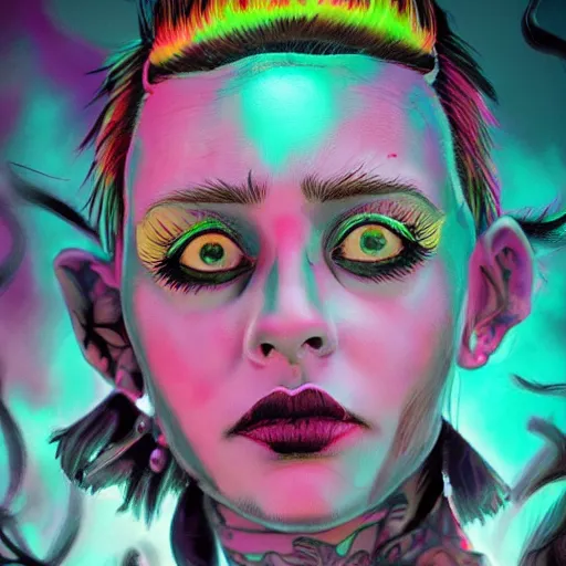 Prompt: splashes of neon clouds, mowhawk, punk women portrait made out of paint, trending on artstation, epic composition, emotional, beautiful, rendered in octane, highly detailed, realistic, tim burton comic book art, sharp focus, unreal engine