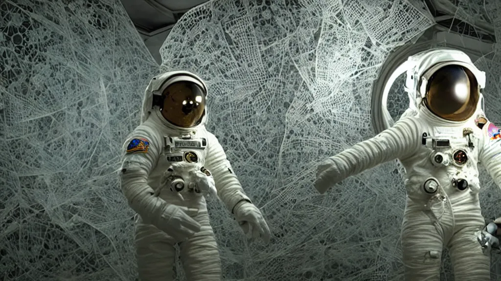 Image similar to a single astronaut eva suit made of diamond 3d fractal lace iridescent bubble 3d skin and covered with insectoid compound eye camera lenses floats through the living room, film still from the movie directed by Denis Villeneuve with art direction by Salvador Dalí, wide lens,