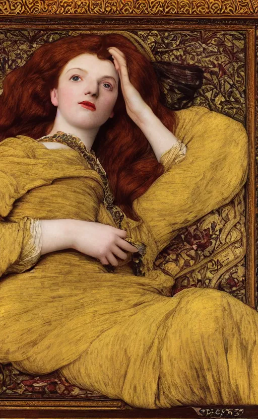 Prompt: preraphaelite full body reclining portrait photography masterpiece, facial features are a hybrid of judy garland and jo brand, thin aged 2 5, foreshortening, brown hair fringe, yellow ochre ornate medieval dress, kilian eng and william holman hunt, frederic leighton, ford madox brown, william morris, framed, 4 k