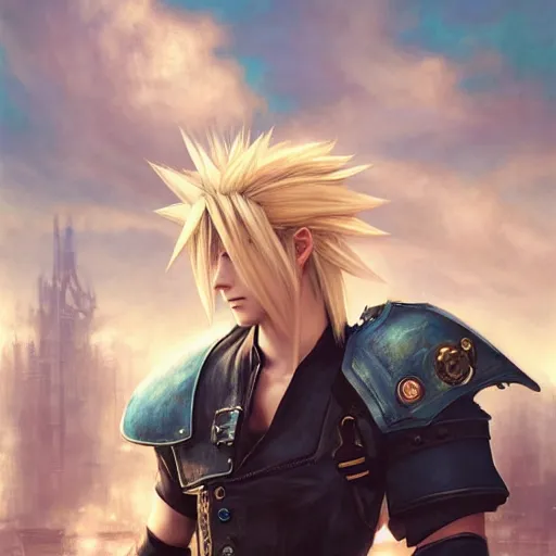 Image similar to a portrait painting ofcloud strife from final fantasy 7, midgard steam punk city as backdrop, by greg rutkowski, artgerm, wlop, ruan jia, krenz cushart, alphonse mucha, marble, gold, unreal engine 5