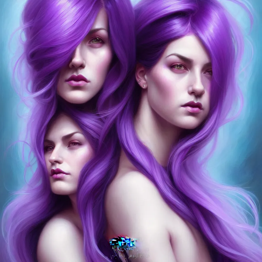 Image similar to Purple hair relistic Portrait of a two woman with bright colored flying hair, all shades of purple. Beauty face, Hair coloring, fantasy, intricate, elegant, highly detailed, digital painting, artstation, concept art, smooth, sharp focus, illustration, art by artgerm and greg rutkowski and alphonse mucha