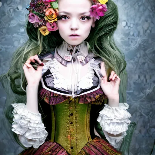 Image similar to Ethereal, mysterious stunning maximalist mesmerizing girl from the rainbow sky paradise, high-tech, professional high fashion model photo shoot for Victorian gothic lolita fashion, hyperdetailed by Mark Ryden and artgerm and Hiroyuki-Mitsume Takahashi, close-up 35mm macro shot, hyperrealism, 8k resolution 3D, cinematic, dynamic lighting, octane render, unreal engine 5