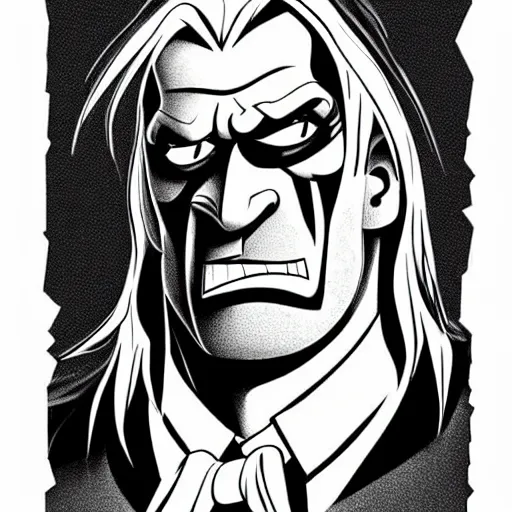 Prompt: Head-to-shoulder shot of Triple H as a Disney villain, Disney, cartoon, Disney style, 2d, drawn image, beautifully drawn, Disney 2d animation still, digital 2D animation, traditional animation, Disney style, Disney animation, Deviantart, very coherent symmetrical artwork, heroic look, artstation