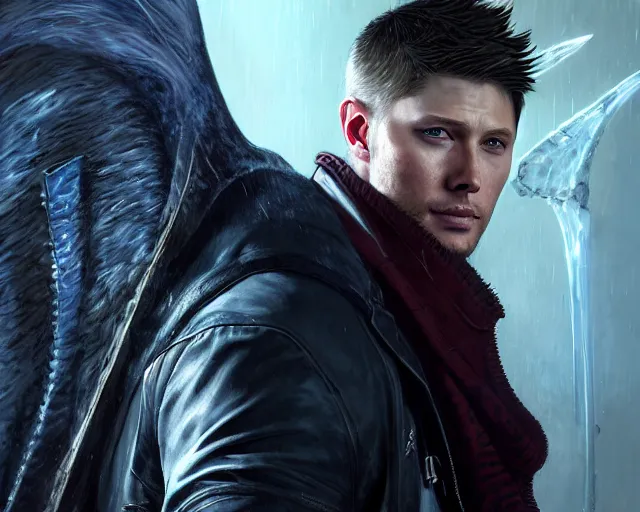 Image similar to highly detailed portrait of jensen ackles as dante, in devil may cry 5, stephen bliss, unreal engine, fantasy art by greg rutkowski, loish, rhads, ferdinand knab, makoto shinkai and lois van baarle, ilya kuvshinov, rossdraws, tom bagshaw, global illumination, radiant light, detailed and intricate environment