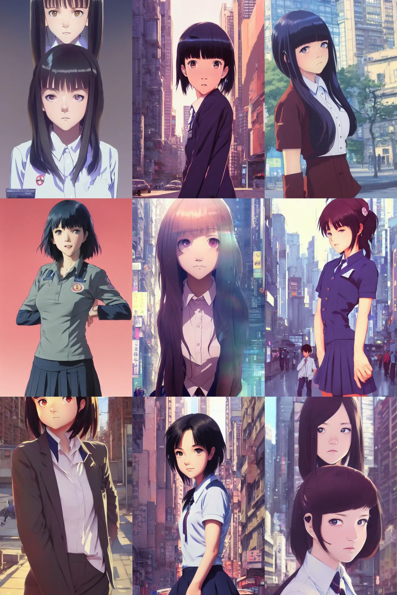 Prompt: a cute girl wearing school uniform standing in the city, really good looking face!!, realistic shaded perfect face, fine details, anime, realistic shaded lighting poster by ilya kuvshinov katsuhiro otomo ghost - in - the - shell, magali villeneuve, artgerm, jeremy lipkin and michael garmash and rob reyt