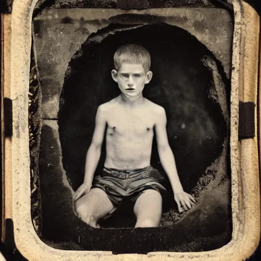 Image similar to underwater tintype photo of boy in a cave