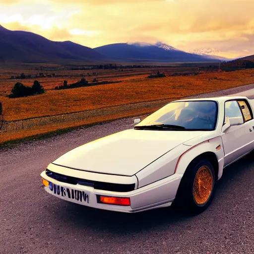 Image similar to 8 0 s sports car heading west, golden hour, larich style