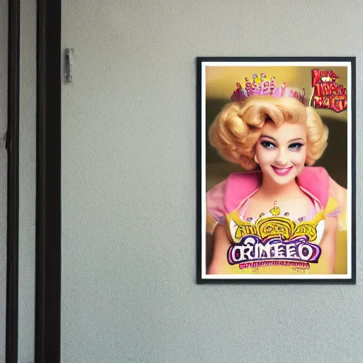 Image similar to poster of princess peach hanging on a wooden wall, realistic photo