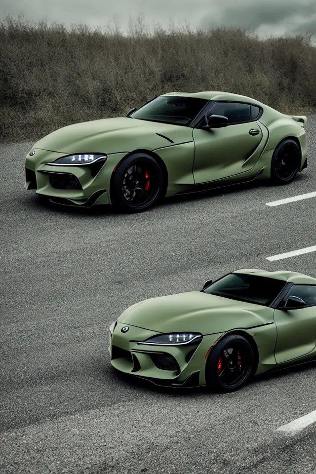 Image similar to Matte olive green Toyota Supra mk5 on highway, hyper realistic, car photography, 8k,