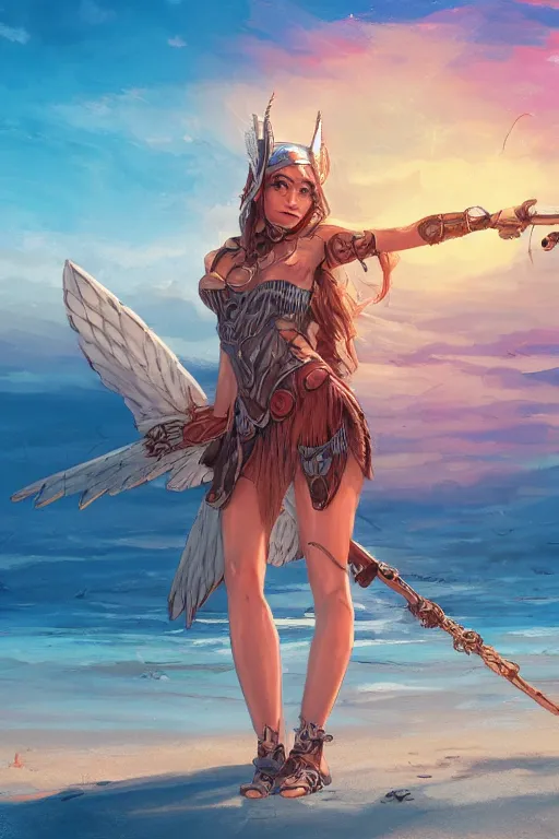 Image similar to artwork of a valkyrie girl chilling on a beach, chill scenes, warm colors, hd, hyper detailed, 4 k