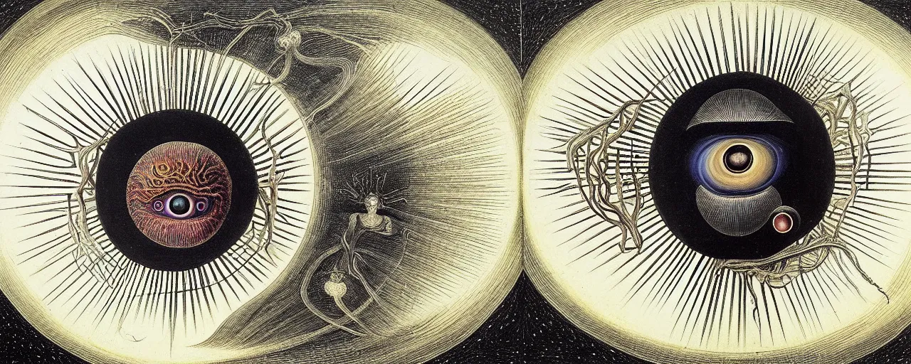 Image similar to a strange earth creature with endearing eyes radiates a unique canto'as above so below'while being ignited by the spirit of haeckel and robert fludd, breakthrough is iminent, glory be to the magic within, in honor of saturn, painted by ronny khalil