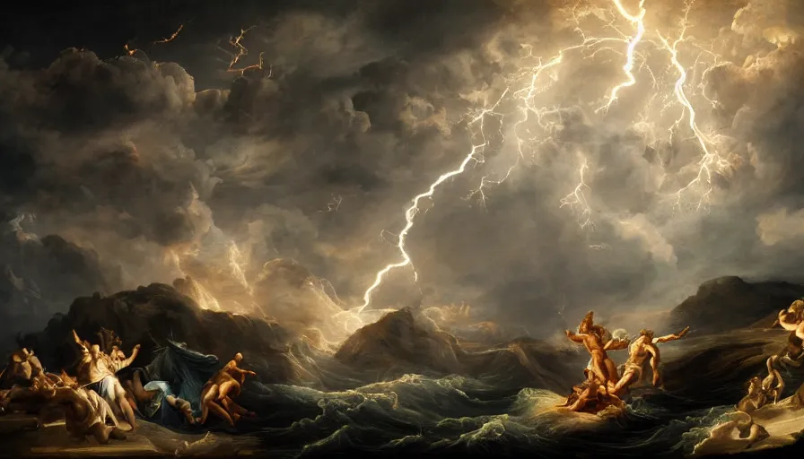 Image similar to baroque painting of zeus throwing lightning bolts on poseidon, hyperdetailed, artstation, cgsociety, 8 k