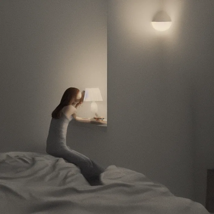 Image similar to a girl in a room with light gray walls sits on a bed, sunset light, edward hopper style. cinematic, hyper realism, high detail, octane render, 8k, iridescent accents