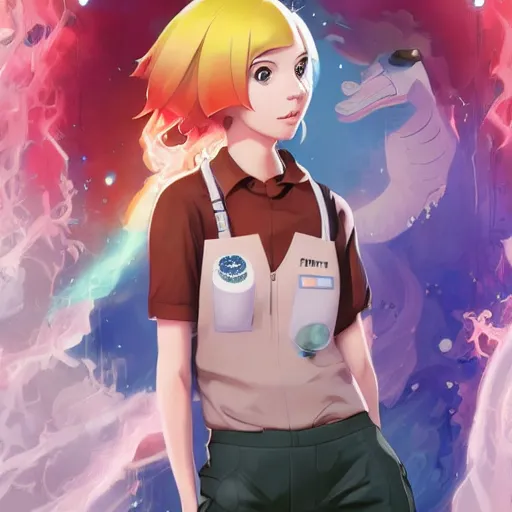 Image similar to British Pokemon original character with wild peach colored hair and heterochromia, Pixar style, beautiful woman, scientist, standing in a lab in front of a giant containment liquid filled tank, by Tristan Eaton Stanley Artgerm and Tom Bagshaw, Makoto Shinkai ilya kuvshinov and Wojtek Fus